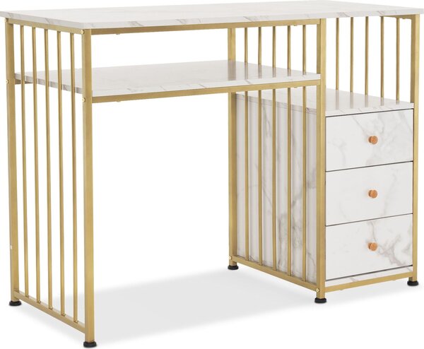 Scrivania M MCombo con cassetti, toletta senza specchio in marmo bianco e oro, tavolino per manicure in legno con struttura in metallo, scrivania per computer da salotto in stile moderno, 109 x 45,5 x 81 cm, 2407