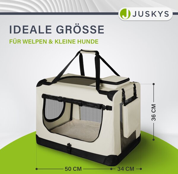 Juskys box per il trasporto di cani Lassie S (beige) pieghevole - 34 x 50 x 36 cm - Trasportino per cani con coperta, borsa e maniglie - Box in tessuto per il trasporto di cani