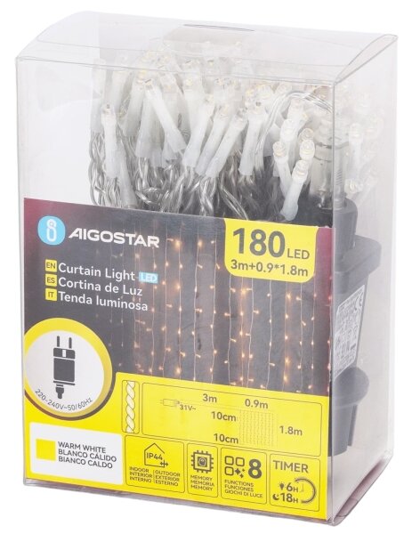 Aigostar - LED Catena luminosa natalizia per esterni 180xLED/8 funzioni 3,9x1,8m IP44 bianco caldo