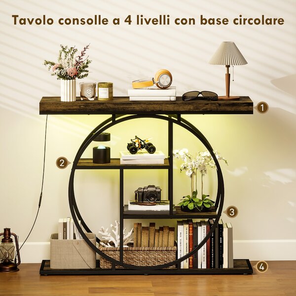 HOMCOM Consolle Ingresso Industriale Luci LED Regolabili, Controllo App, Piano Spesso, Telaio Circolare, Marrone Rustico | Aosom Italy