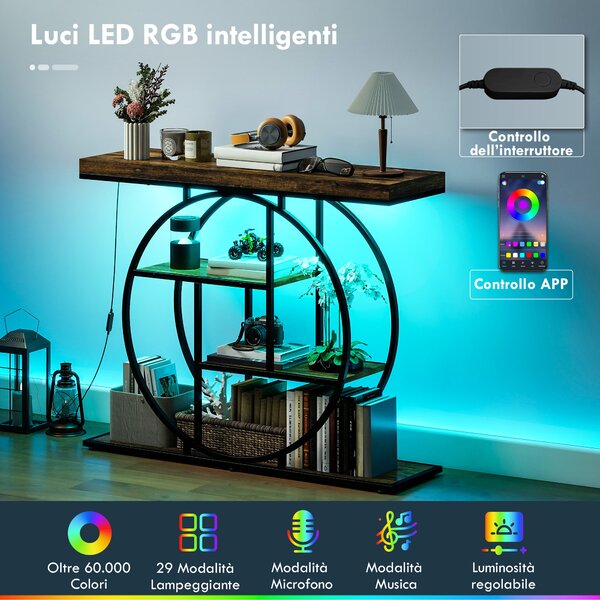 HOMCOM Consolle Ingresso Industriale Luci LED Regolabili, Controllo App, Piano Spesso, Telaio Circolare, Marrone Rustico | Aosom Italy