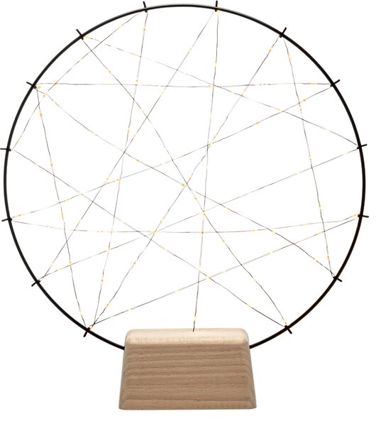 Konstsmide - Lampadario a LED in metallo "small ring", con base in legno, nero, con dimmer, con interruttore on/off, avvolto da un filo nero, 100 diodi color ambra, trasformatore interno da 4,5 V, 2 W, cavo nero