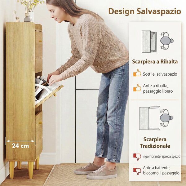 HOMCOM Scarpiera Salvaspazio Slim con 3 Ante Scanalate a Ribalta, Ripiani Regolabili, per 12-18 Paia, Rovere | Aosom Italy