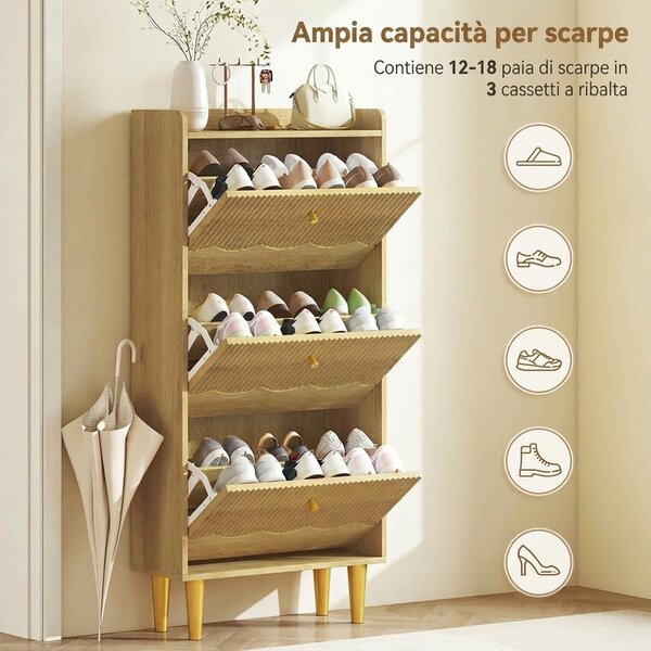 HOMCOM Scarpiera Salvaspazio Slim con 3 Ante Scanalate a Ribalta, Ripiani Regolabili, per 12-18 Paia, Rovere | Aosom Italy