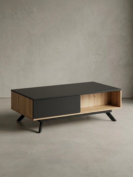 Tavolino moderno con vano contenitore, finitura rovere e nero, robusto e idrorepellente. 110x60x38 cm | Kadima Design