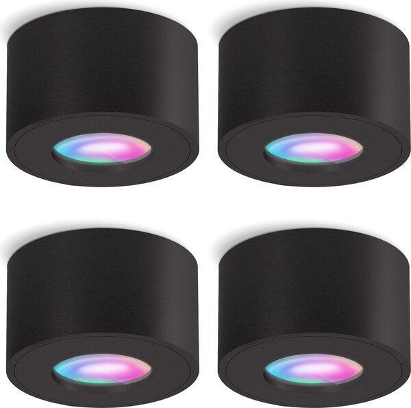 SSC-LUXon set di 4 faretti da superficie CELI-1 nero a prova di umidità IP44 con lampada LED Smart RGB+W - Spot compatibile con Alexa, Siri e Google