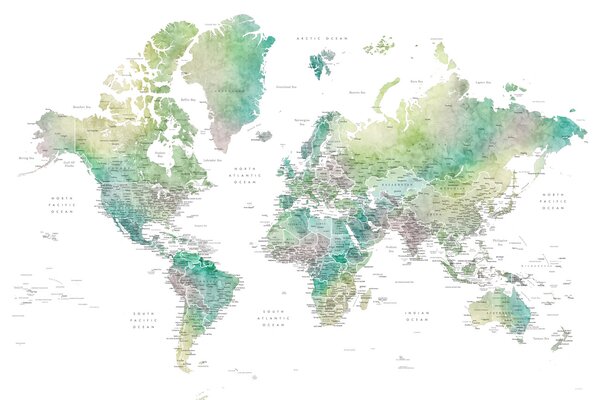 Mappa Watercolor world map with cities in muted green Oriole, Blursbyai, (40 x 26.7 cm)