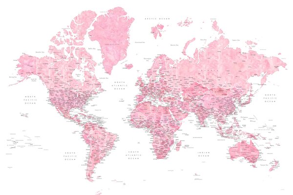 Mappa Detailed pink watercolor world map Damla, Blursbyai, (40 x 26.7 cm)