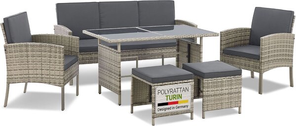 Juskys Gruppo di sedute da giardino in polyrattan Turin Set 6 pezzi - Mobili da esterno grigio-mattone