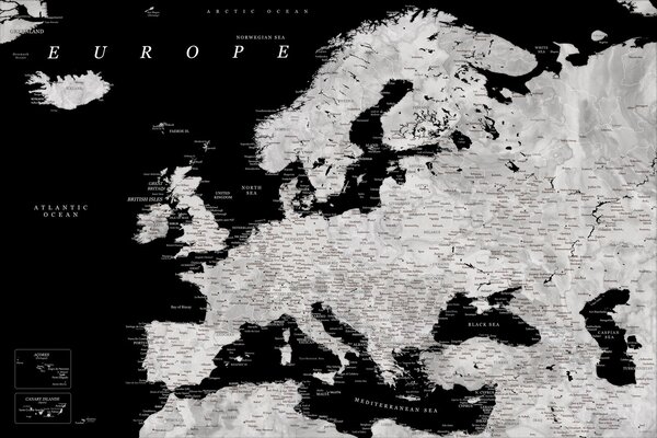 Mappa Black and grey detailed map of Europe in watercolor, Blursbyai, (40 x 26.7 cm)