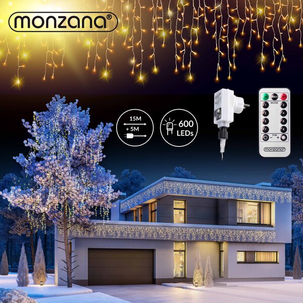 MONZANA® LED pioggia catena luminosa bianco caldo bianco freddo interno esterno ghiaccio pioggia luci di Natale decorazione di Natale, modello: 600 LED bianco caldo telecomando
