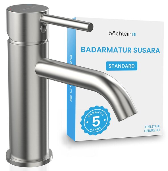 Rubinetto da bagno Bächlein Susara con bocca curva, miscelatore monocomando di design con cartuccia Vetroceramica resistente e set di installazione, rubinetto da bagno in acciaio inox spazzolato