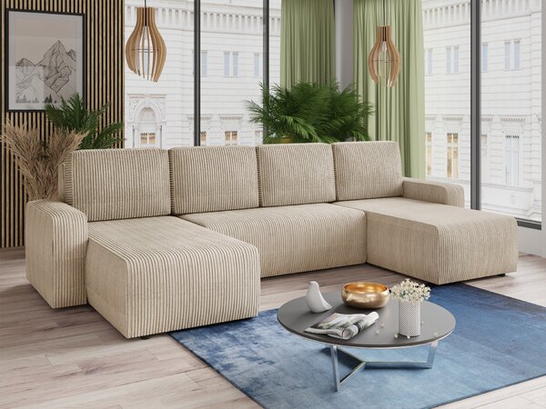 Zona giorno Roma con funzione letto - divano a U, divano letto con rete, set di divani con funzione letto, divano grande, tessuto a coste (Beige (Poso 100))