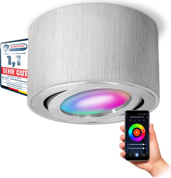 SSC-LUXon CELI-1A Faretto da superficie piatto orientabile spazzolato con illuminazione LED Smart RGB CCT - spot WLAN compatibile con Alexa, Siri e Google