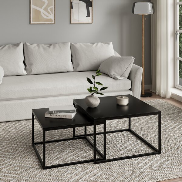 Set di 2 tavolini quadrati neri in legno, tavolino da salotto, set di tavolini 2 in 1 con struttura in metallo per soggiorno, ufficio, loft, design TWIN