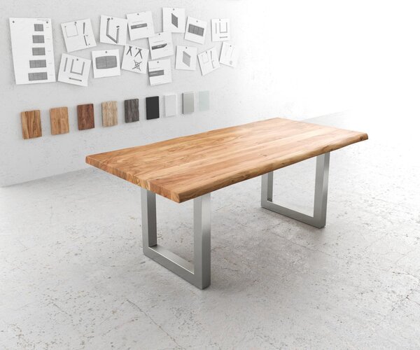Tavolo da pranzo DELIFE Edge, dimensioni 200x100 cm, XL, in legno di acacia naturale con bordo vivo e gambe in acciaio inossidabile
