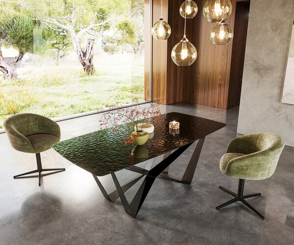 DELIFE Tavolo da pranzo Edge Boot, 200x100 cm, piano in vetro effetto rilievo, finitura nero fumo, design 3D a ragno, struttura in acciaio nero