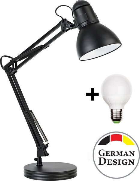 Lampada da scrivania retrò in metallo nero con braccio articolato – Lampada da lettura e da lavoro regolabile in altezza, con lampadina LED E27 inclusa