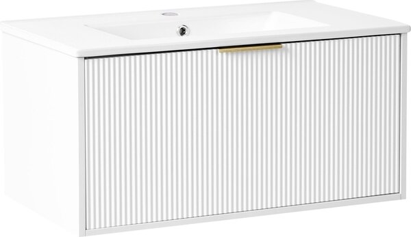 BELIANI Mobile da bagno sospeso bianco in truciolato con lavabo in Vetroceramica da 80 cm e maniglia dorata, design moderno