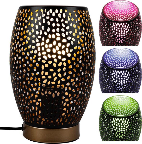 Lampada da tavolo LED RGB, nero oro, paralume con decorazioni traforate