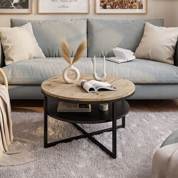 Tavolino rotondo CIRI-X con ripiano, nero / rovere Artisan
