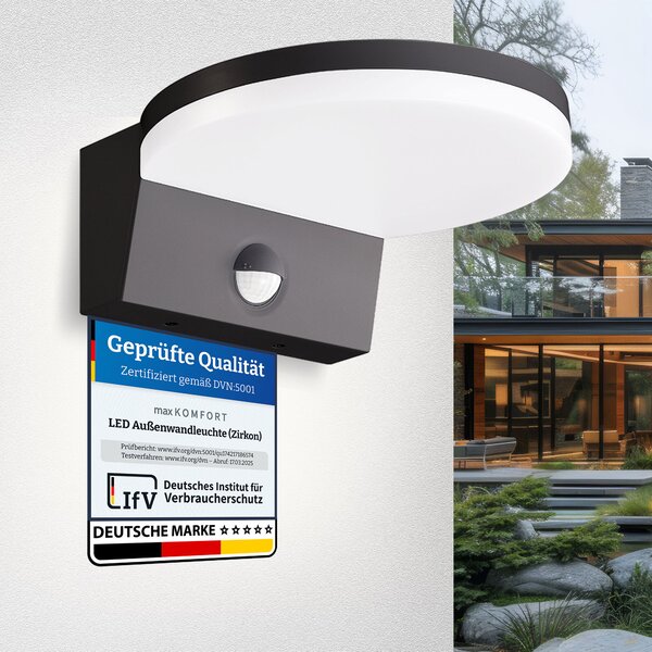 Lampada da parete a LED per esterni Zirkon, nera con rilevatore di movimento, bianco neutro 4000K, 15W, IP65, 1600lm, angolo di emissione 120°, sensore 140° portata 9m