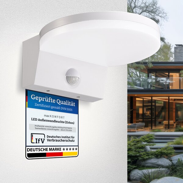 Lampada da parete a LED per esterni Zirkon, bianca con rilevatore di movimento, bianco neutro 4000K, 15W, IP65, 1600lm, angolo di emissione 120°, sensore 140° portata 9m
