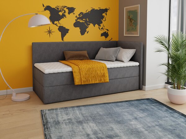 Letto boxspring Flame con contenitore - Letto singolo con materasso Bonell e topper, letto imbottito, sponda universale, letto, camera da letto, cameretta (grafite (Kronos 22), 90 x 200 cm)