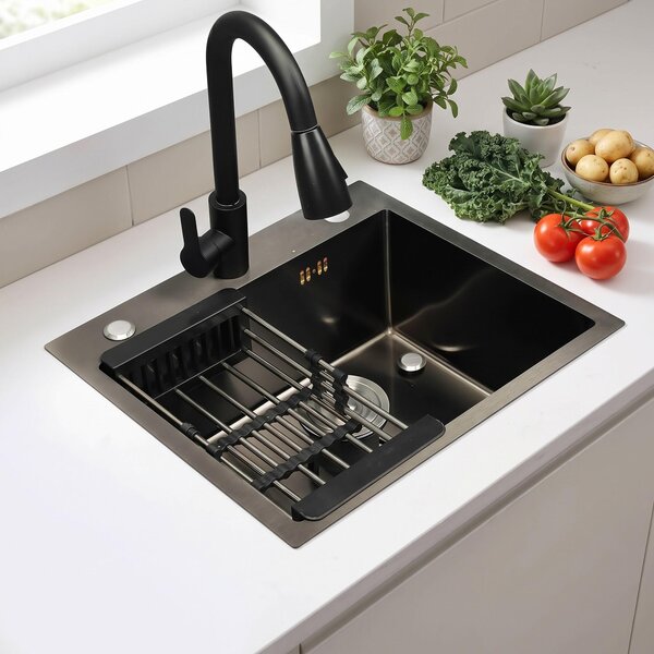 Lavello da cucina nero 50x45 cm, lavello da incasso angolare in acciaio inossidabile con dispenser per sapone, cestello scolapiatti e set di scarico