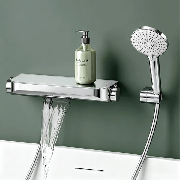 Mai & Mai: miscelatore termostatico per vasca da bagno con doccetta, miscelatore per vasca, termostato per vasca con 4 tipi di getto, miscelatore a parete per vasca da bagno, argento Oryntex-03