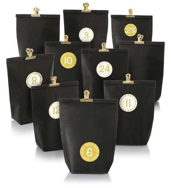Calendario dell'Avvento Nordstern da riempire in nero e oro - Set di sacchetti regalo fai da te con 24 sacchetti di carta kraft, fermagli dorati e adesivi numerici