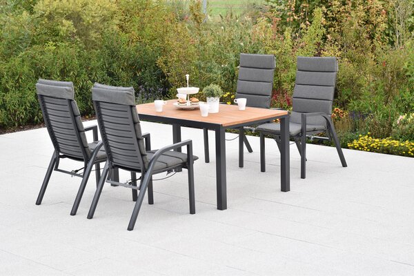 Set di mobili da giardino Merxx Siros, 9 pezzi: 4 poltrone regolabili tramite molla a gas, 4 cuscini, tavolo 150 x 90 cm - acacia/alluminio