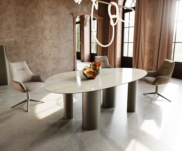 DELIFE Tavolo da pranzo Edge ovale, 220x120 cm, piano in Vetroceramica Iris FMG, finitura Onice Oro, struttura in metallo con effetto titanio