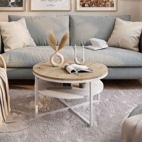 Tavolino rotondo CIRI-X con ripiano, bianco / rovere Artisan