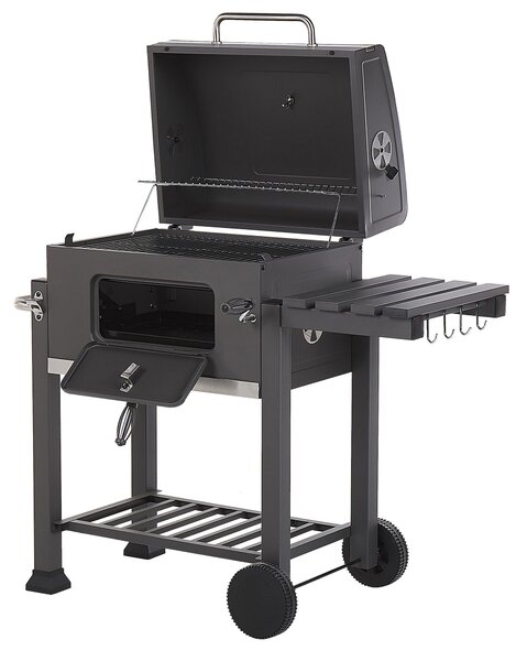BELIANI Charcoal grill grigio in acciaio inox rettangolare con ventilazione attiva coperchio maniglia termometro griglia di riscaldamento ripiano posacenere rulli giardino esterno