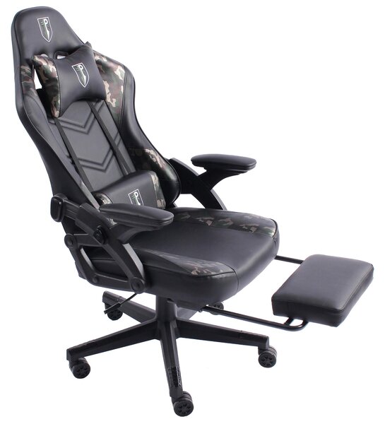 Sedia da gaming dal design moderno ispirato alle auto da corsa, con poggiapiedi estensibile. Sedia da gaming con braccioli regolabili, sedia ergonomica da scrivania con cuscini di supporto extra. Colore: nero/verde militare