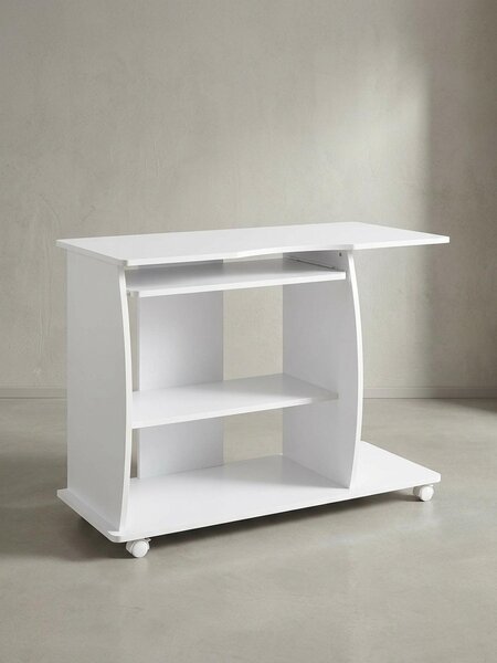 Tavolo per laptop Tavolo per computer: angoli 3D, spazio di archiviazione, struttura in truciolato, rotelle. Bianco, 90x50x71 cm | Kadima Design