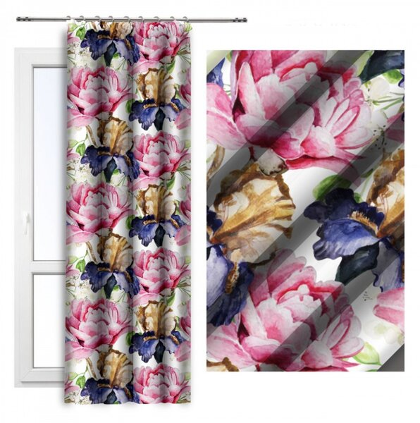 Tenda con nastro 140x250 cm bianco con fiori rosa