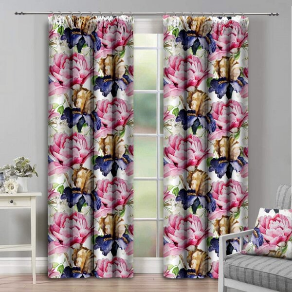 Tenda con nastro 140x250 cm bianco con fiori rosa