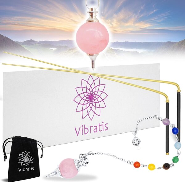 Pendoli in quarzo rosa - Set di 7 chakra con dettagli in rame