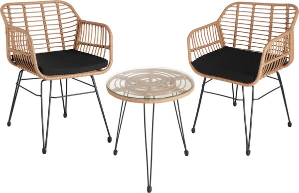 Set da giardino in rattan tectake® Molfetta 2+1 - Polyrattan resistente ai raggi UV - Colori naturali - Idrorepellente - Piano in vetro rimovibile