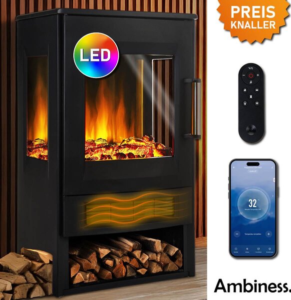 Caminetto elettrico Ambiness Magnus | 2 impostazioni di calore 1000W e 2000W | LED - effetto fiamma 3D e controllo smart home | incl. timer e termostato con telecomando | protezione da surriscaldamento | vetro temperato