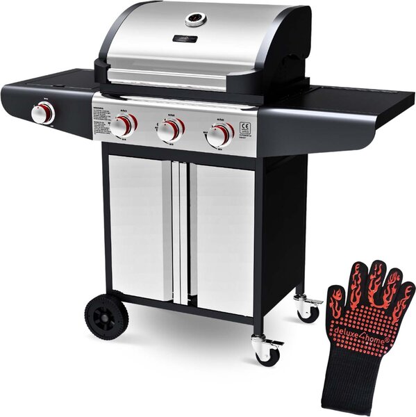 Deluxe4home® Carrello per barbecue a gas con coperchio I 3+1 bruciatori laterali XXL barbecue ripiano laterale arrotolabile I incl. guanto da barbecue e termometro da barbecue