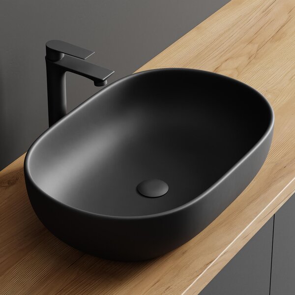 Planetmöbel Aquil Deluxe, lavabo ovale da 60 cm, finitura opaca nera | Lavabo da appoggio per bagno e toilette per ospiti