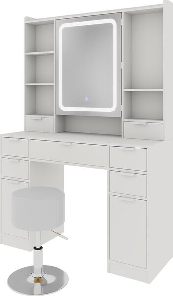 Tavolo da toilette Vicco Solea Bianco 105 cm con specchio LED e sgabello, Model 55565