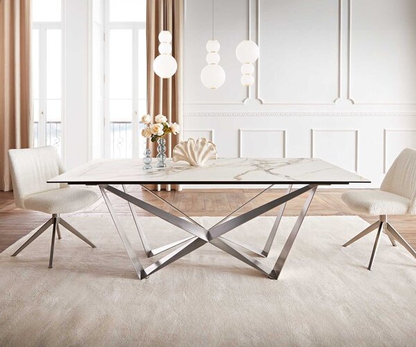 Tavolo da pranzo DELIFE Edge 200x100 Vetroceramica Calacatta Luxe Bianco-oro-grigio Spider Acciaio piatto Acciaio inossidabile