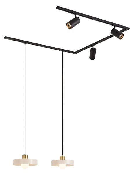 Sistema a binario moderno nero con 2 lampade a sospensione bianche e 3 faretti monofase - Iconic Jeana Luxe Jina