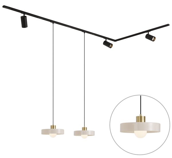 Sistema a binario moderno nero con 2 lampade a sospensione bianche e 3 faretti monofase - Iconic Jeana Luxe Jina