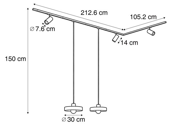 Sistema a binario moderno nero con 2 lampade a sospensione bianche e 3 faretti monofase - Iconic Jeana Luxe Jina