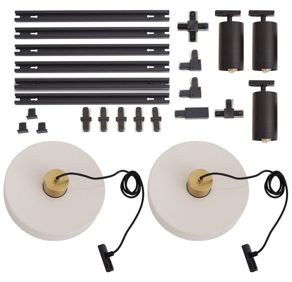 Sistema a binario moderno nero con 2 lampade a sospensione bianche e 3 faretti monofase - Iconic Jeana Luxe Jina